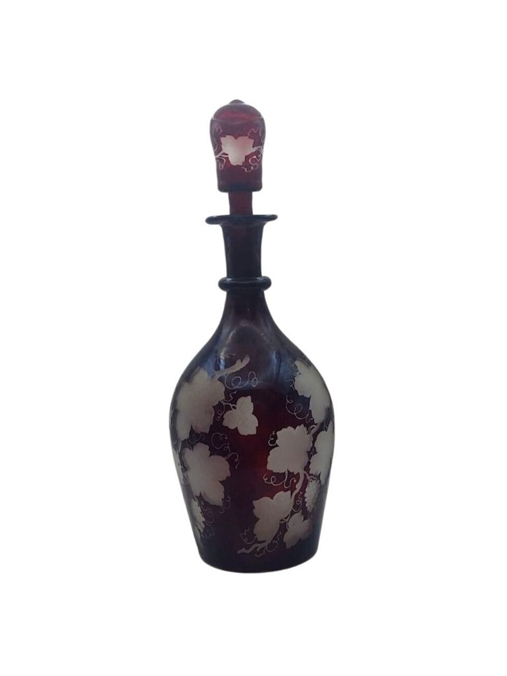 Antique Bohemian Ruby Red Cut-To-Clear Glass Decanter Stopper Grape Leaf Pattern